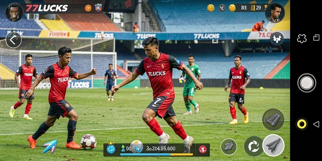 Tampilan seru gameplay 77LUCKS saat pertandingan sepak bola berlangsung.