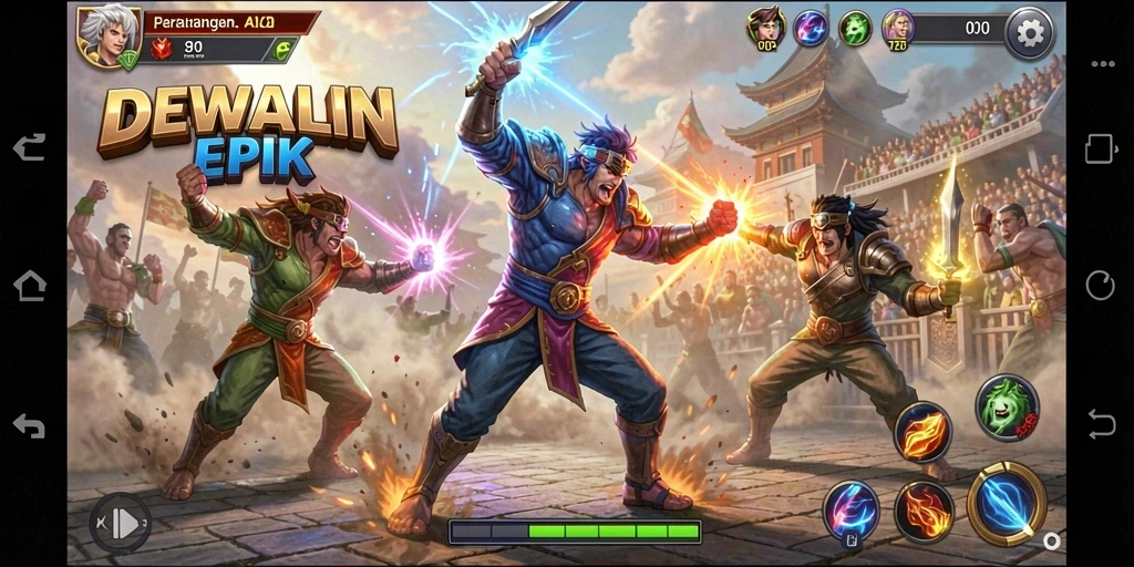Tangkapan layar DEWALIN menampilkan pertarungan mendebarkan dalam arena yang megah.