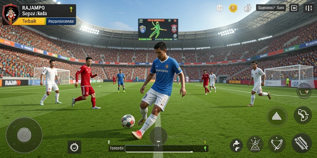 Tampilan menarik gameplay RAJAMPO dengan aksi sepak bola yang mendebarkan.