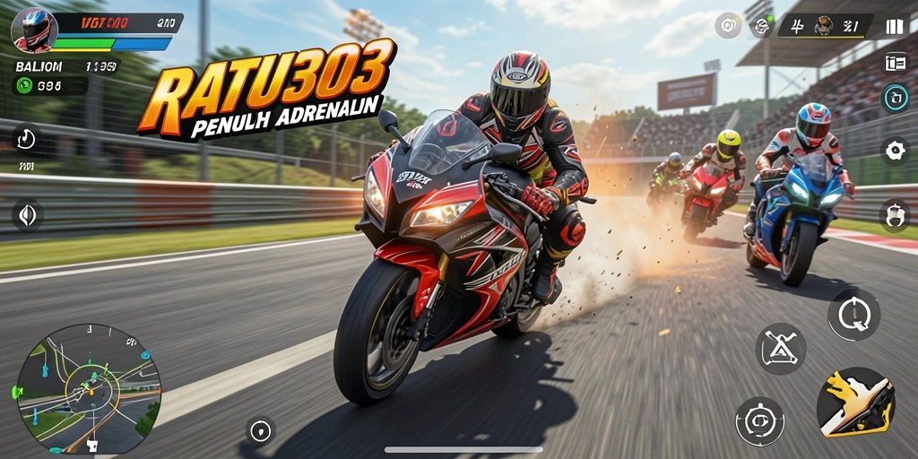 Tampilan screenshot utama RATU303 menampilkan aksi balap motor yang mendebarkan.