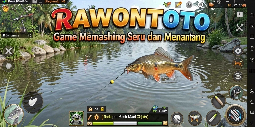 Screenshot gameplay RAWONTOTO menampilkan momen memancing yang seru.