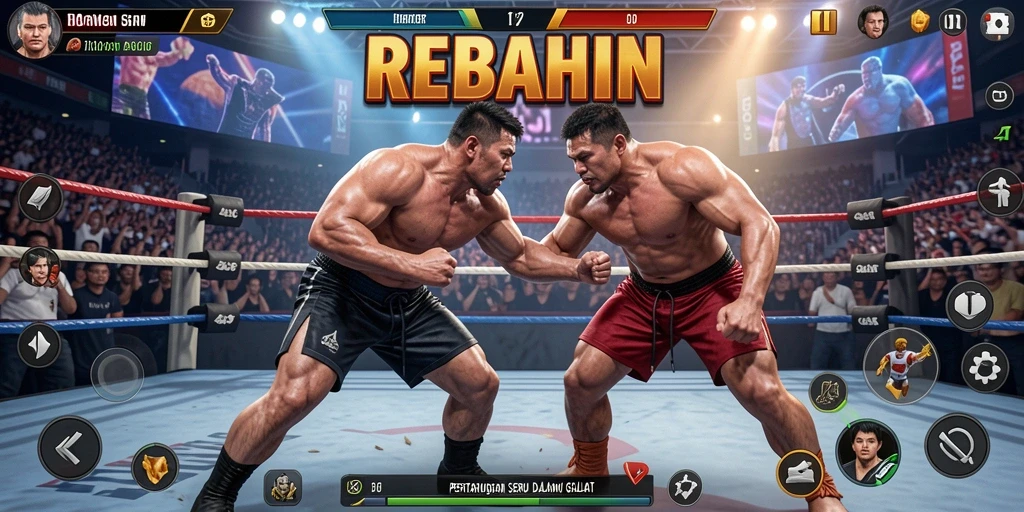 Tangkapan layar gameplay menampilkan pertarungan seru di arena REBAHIN.