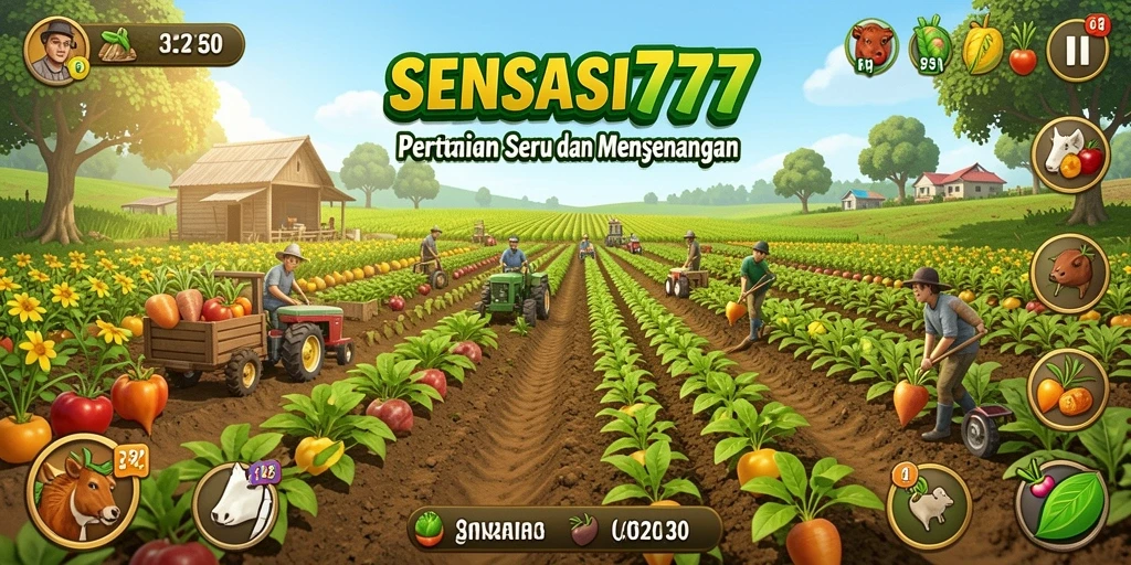 Screenshot gameplay SENSASI777 menampilkan aktivitas bertani yang seru dan interaksi sosial.