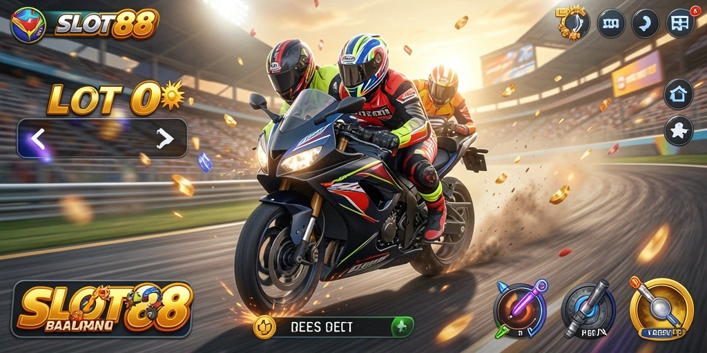 Screenshot utama dari SLOT88 menampilkan aksi balapan motor yang mendebarkan.